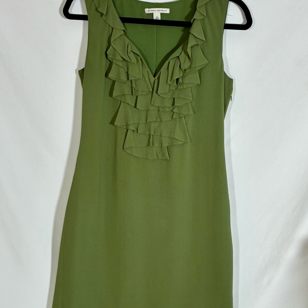 Women 4 Banana Republic‎ Olive Green Ruffle Sleeveless Vneck Midi  Party Dress